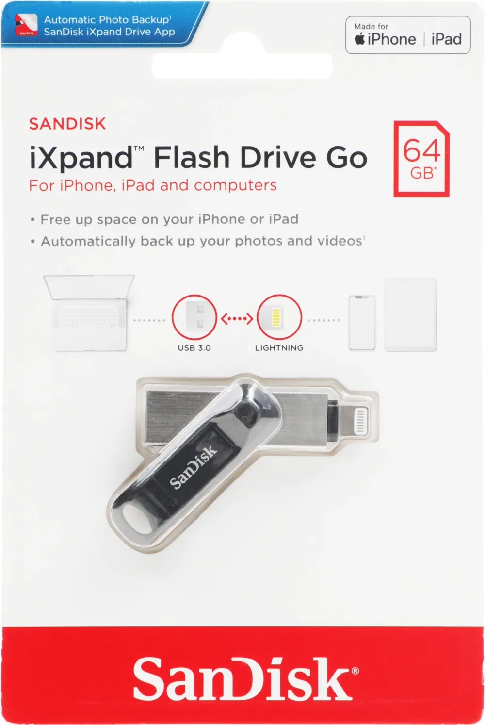 Флеш Диск Sandisk 64GB iXpand Go SDIX60N-064G-GN6NN USB3.0 черный/серебристый