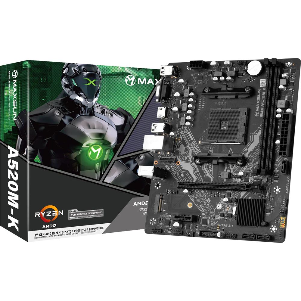 Материнская плата MAXSUN MS-Challenger A520M-K (Socket AM4, mATX, 2*DDR4, VGA/HDMI, 3*SATA3, 1*M.2, 1*PCIEx16/1*PCIEx1, 4*USB2.0, 2*USB 3.2 Gen1, LAN 1*1G, RTL)