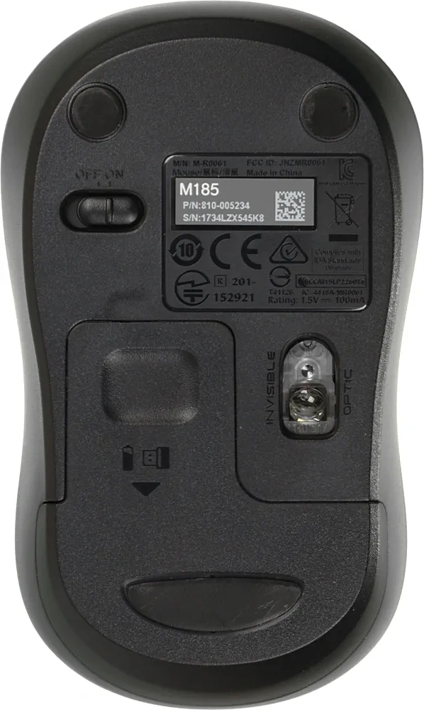 Мышь беспроводная Logitech M185 Grey серая, оптическая, 1000dpi, 2.4GHz,USB-ресивер Logitech Unifying® {10} (272815) 910-002252