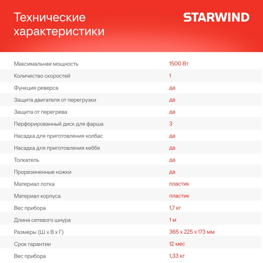 Мясорубка Starwind SMG3120 1500Вт белый