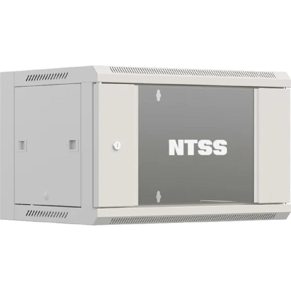 NTSS Шкаф настенный телекоммуникационный NTSS WS 6U 600х450х370мм, 2 профиля 19, дверь стеклянная, боковые стенки съемные, разобранный, серый RAL 7035 NTSS-WSP6U6045GS