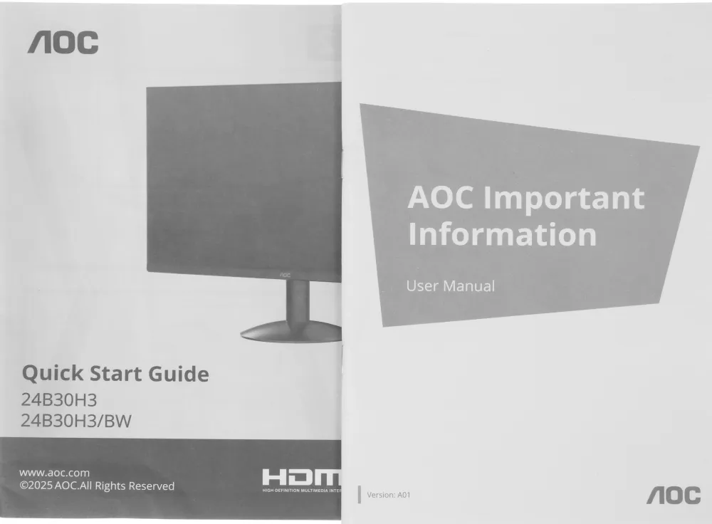 Монитор 23.8" AOC 24B30H3/BW  IPS, 1920x1080, 120Hz, 4ms, 300сd/m, 1500:1 | VGA , HDMI(1.4) | ExPSU, Vesa 100, White
