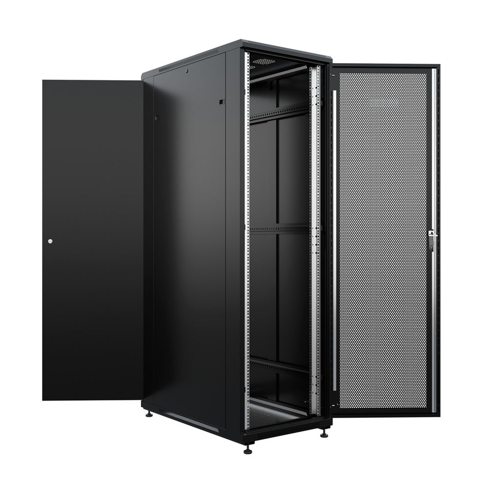 NTSS Шкаф напольный универсальный серверный NTSS R 42U 600х1000мм, 4 профиля 19, двери перфорированная и сплошная металл, боковые стенки съемные, регулируемые опоры, разобранный, черный RAL 9005 NTSS-