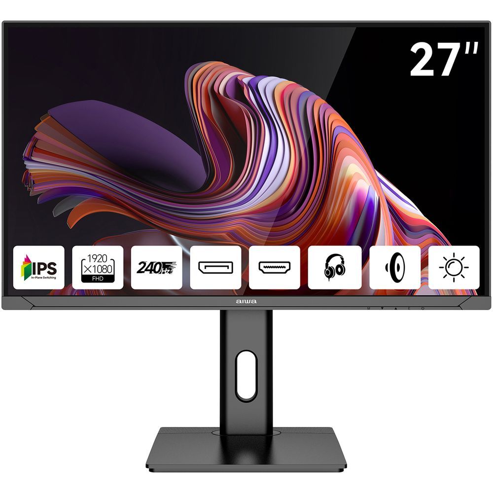Монитор 27" AIWA MD2711 IPS, 1920x1080, 240Hz, 1ms, 300сd/m, 1000:1, HDR | 2xHDMI(2.0), 2xDP(1.2) | HAS, Pivot, Swivel, ExPSU, Speakers, Vesa 75, Black