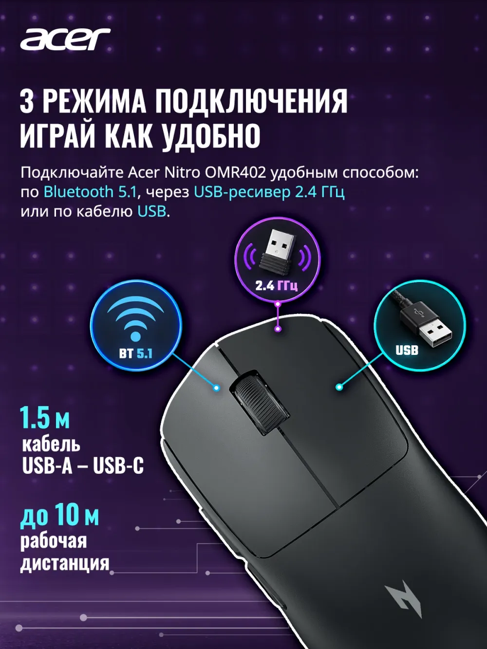 Мышь Acer Nitro OMR402 черный оптическая 26000dpi беспров. BT/Radio USB 5but (ZL.MCECC.05E)
