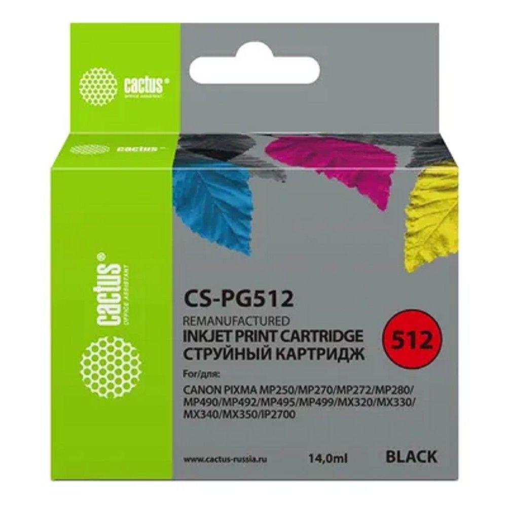 Картридж струйный Cactus CS-PG512 PG-512 черный (15мл) для Canon Pixma iP2700/MP240/MP250/MP260/MP270/MP272/MP280/MP480/MP490/MP492/MP495/MX320/MX330/MX340/MX350 с чипом