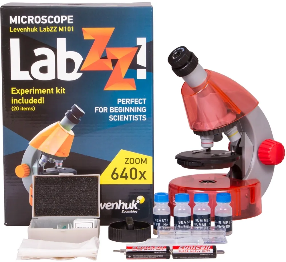 Микроскоп Levenhuk LabZZ M101 монокуляр 40-640x на 3 объектива апельсиновый