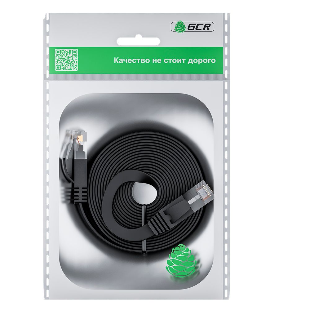 GCR PRO Патч-корд LSZH PROF плоский прямой 10.0m, UTP медь кат.6, черный, 30 AWG, ethernet high speed 10 Гбит/с, RJ45, T568B