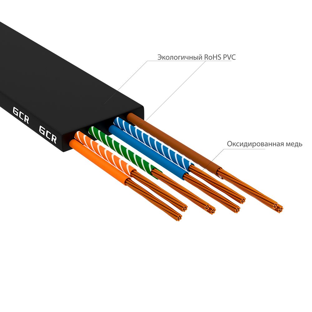 GCR PRO Патч-корд LSZH PROF плоский прямой 10.0m, UTP медь кат.6, черный, 30 AWG, ethernet high speed 10 Гбит/с, RJ45, T568B