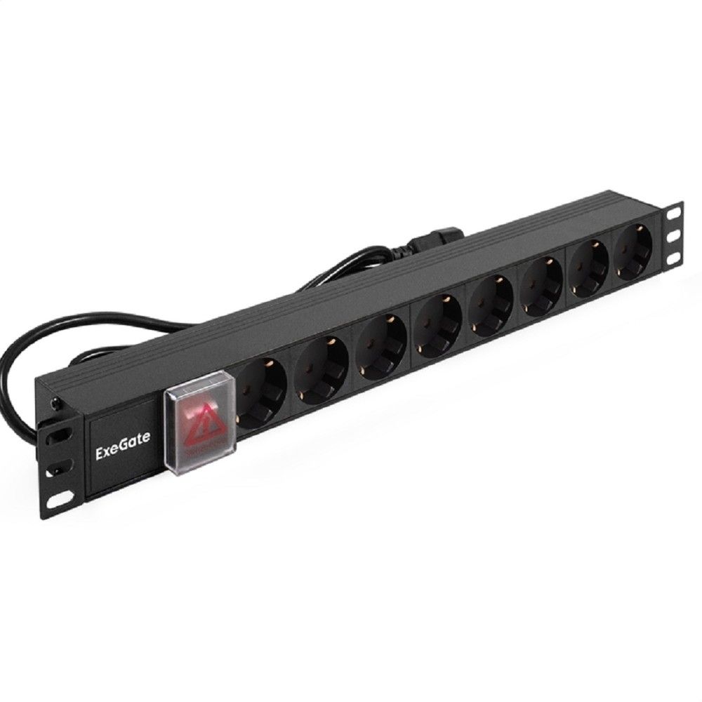 Exegate EX280845RUS Блок розеток ExeGate ServerPro PDU-19H806 Al-8S-C14-3-SW, 19", 1U, алюм, 8Schuko, кабель с C14 3м