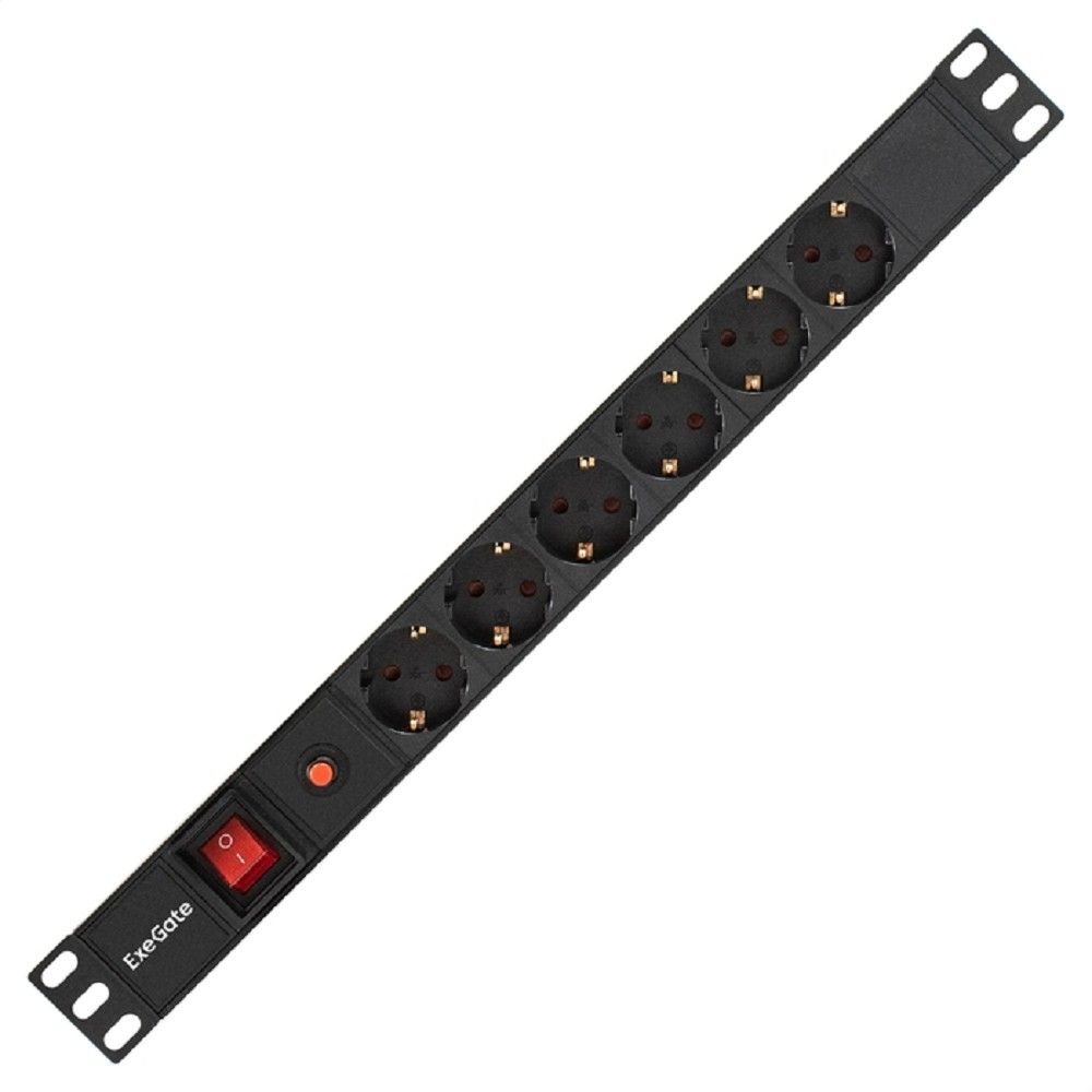 Exegate EX280830RUS Блок розеток ExeGate ServerPro PDU-19H605 Al-6S-C14-SW-O, 19",1U,алюм, 6Schuko, С14, защ перегр