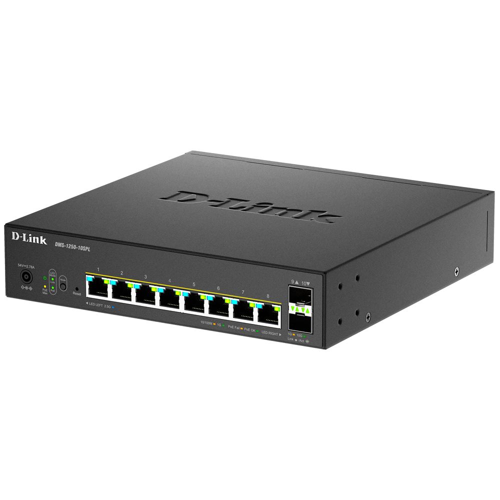 D-Link DMS-1250-10SPL/A1A/6KV Управляемый L2 коммутатор с 8 портами 10/100/1000/2.5GBase-T и 2 портами 10GBase-X SFP+ (порты 1-8 PoE 802.3af/at, порты 1-2 PoE 802.3bt, PoE-бюджет 120 Вт)