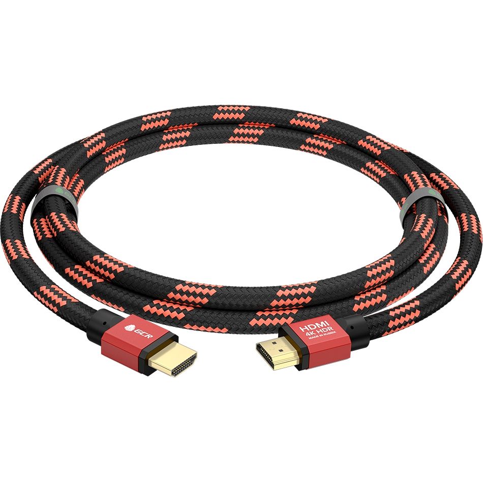 GCR Кабель PROF 1.5m HDMI 2.0, ECO Soft капрон BICOLOR, черно-красный, AL корпус, HDR 4:4:4, UHD 4K60Hz/5K30Hz 3D, 18Гбит/с, медь, 3Х экран с армир.