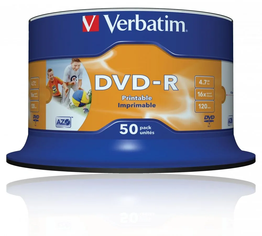 Диск DVD-R Verbatim 4.7Gb 16x Cake Box (50шт) Printable (43533)