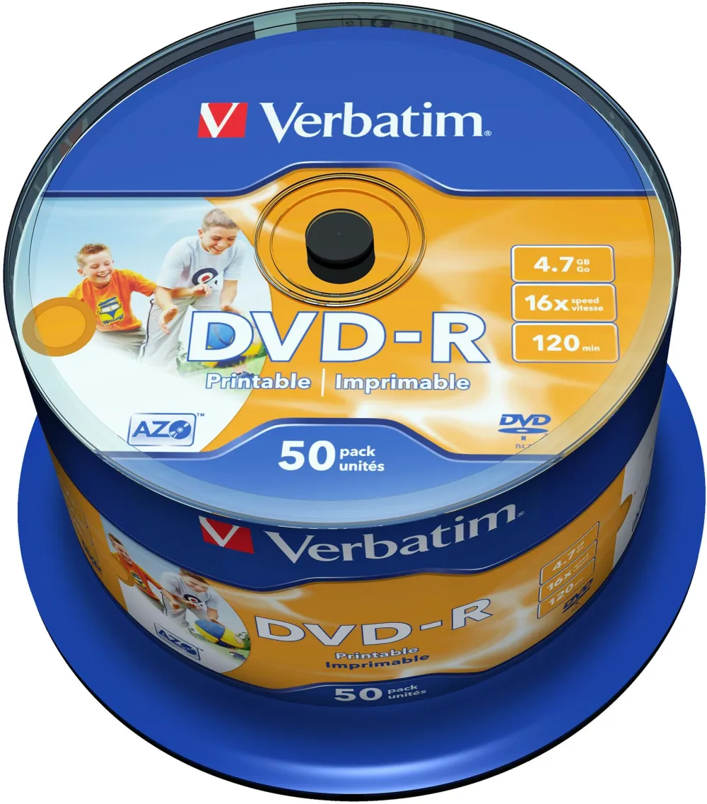 Диск DVD-R Verbatim 4.7Gb 16x Cake Box (50шт) Printable (43533)
