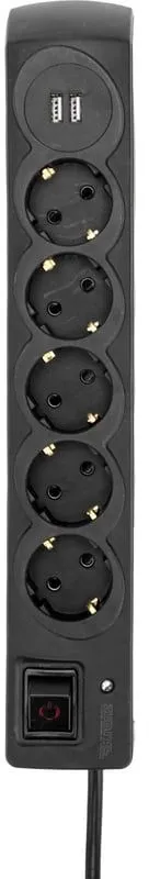 Kranz (13-4702) Фильтр сетевой 5 гнезд, 3м, 3х1,5мм?, с автовыкл, 2 USB, черный