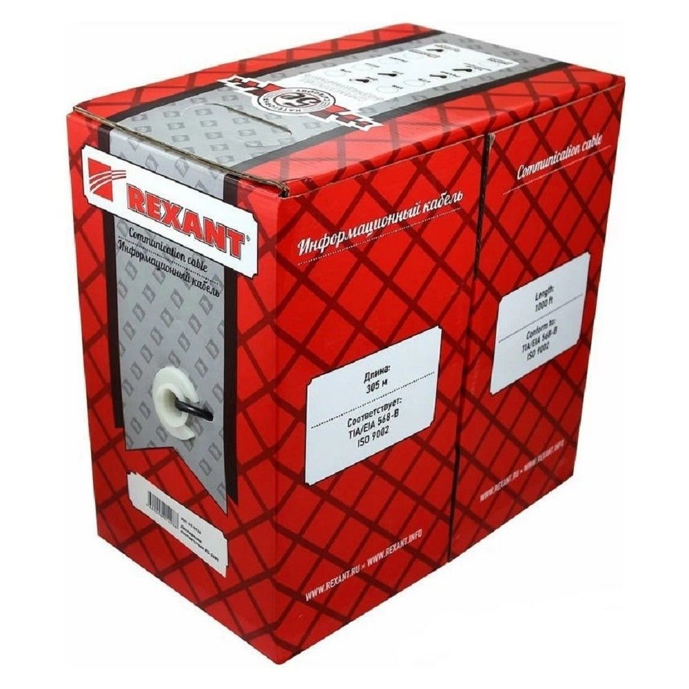 Rexant (01-0025) Кабель витая пара U/UTP, CAT 5e, PE, 2PR, 24AWG, OUTDOOR, SOLID, черный, 305м