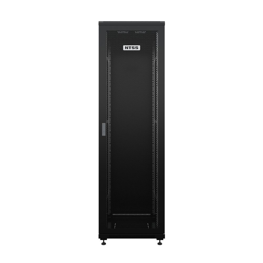 NTSS Шкаф напольный универсальный серверный NTSS R 18U 600х800мм, 4 профиля 19, двери перфорированная и сплошная металл, боковые стенки съемные, регулируемые опоры, разобранный, черный RAL 9005 NTSS-R