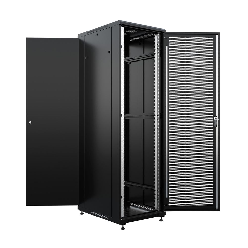 NTSS Шкаф напольный универсальный серверный NTSS R 18U 600х800мм, 4 профиля 19, двери перфорированная и сплошная металл, боковые стенки съемные, регулируемые опоры, разобранный, черный RAL 9005 NTSS-R