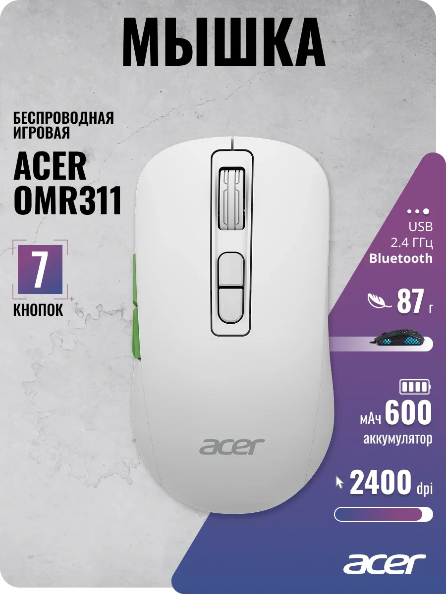 Мышь Acer OMR311 белый оптическая 2400dpi беспров. BT/Radio USB 7but (ZL.MCECC.034)