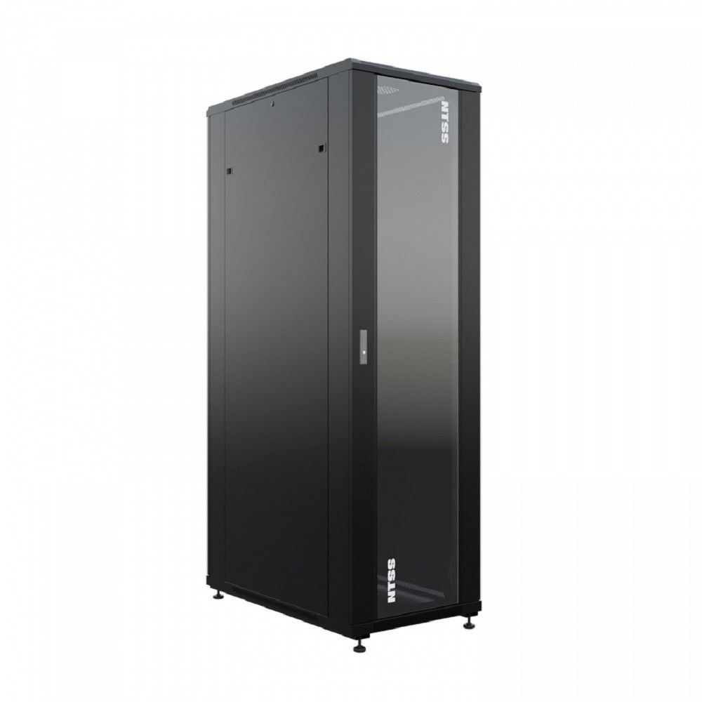 NTSS Шкаф напольный универсальный серверный NTSS R 47U 800х1000мм, 4 профиля 19, двери стекло и сплошная металл, боковые стенки съемные, регулируемые опоры, разобранный, черный RAL 9005 NTSS-R47U80100