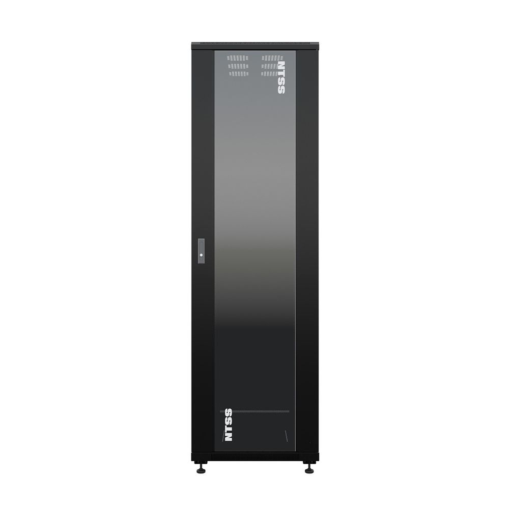 NTSS Шкаф напольный универсальный серверный NTSS R 47U 800х1000мм, 4 профиля 19, двери стекло и сплошная металл, боковые стенки съемные, регулируемые опоры, разобранный, черный RAL 9005 NTSS-R47U80100
