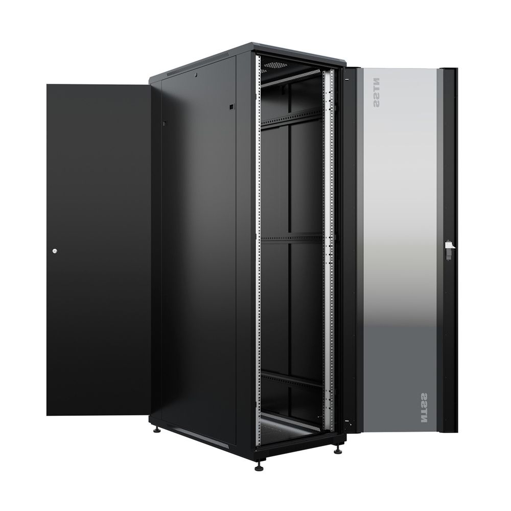 NTSS Шкаф напольный универсальный серверный NTSS R 47U 800х1000мм, 4 профиля 19, двери стекло и сплошная металл, боковые стенки съемные, регулируемые опоры, разобранный, черный RAL 9005 NTSS-R47U80100