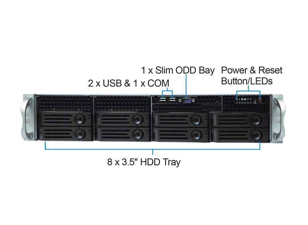 Серверный корпус/ 2U chassis; ATX, Micro-ATX, Mini-ITX MBs; 8-port 12 Gbps SAS/ SATA to SAS BP; 8 x 3.5'' hsb + 2 x 3.5" internal; 7 x LP/ HL slot; 550W single; no rails