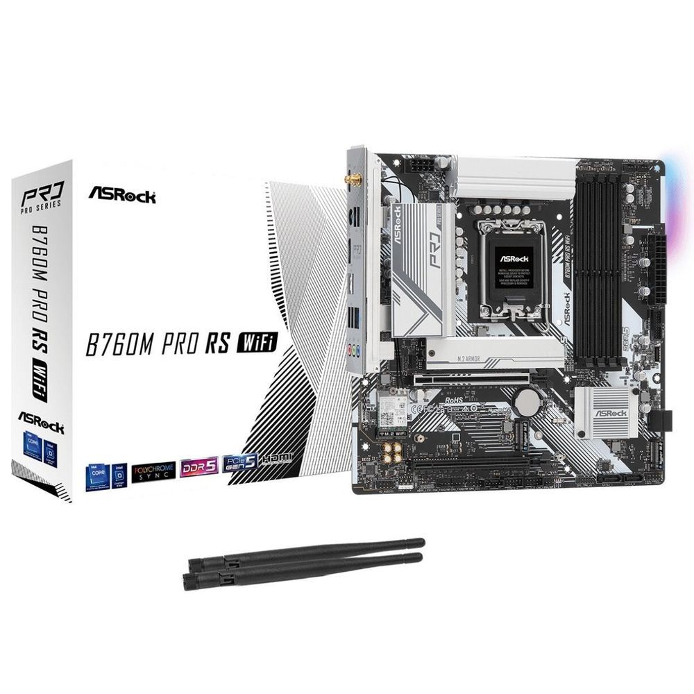 Материнская плата ASROCK B760M PRO RS WIFI, LGA1700, B760, 4*DDR5, 4*SATA, 3*M.2, 3*USB 3.2, 2*USB 2.0, Type-C, 2*PCIx16, 1xM.2 (Key E), HDMI+DP, mATX