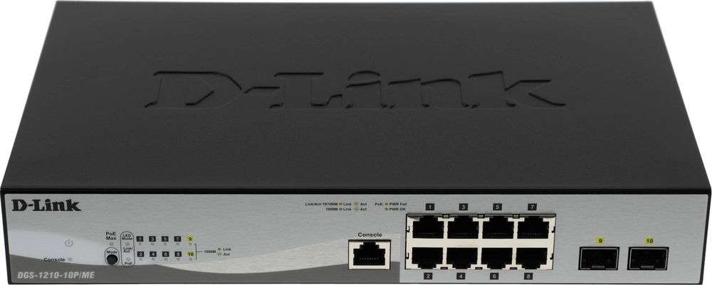 Коммутатор D-Link DGS-1210-10P/ME/B1A Управляемый коммутатор 2 уровня с 8 портами 10/100/1000Base-T с поддержкой PoE и 2 портами 1000Base-X SFP, RTL {5} (426629)