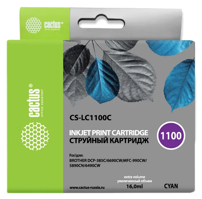 Картридж струйный Cactus CS-LC1100C голубой (16мл) для Brother DCP-385c/6690cw/MFC-990/5890/5895/6490 с чипом