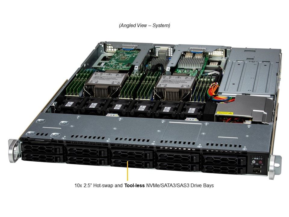 Серверная платформа/ SYS-121C-TN10R (bundle11): 1U / 2x LGA-4677 / 16x DDR5 RDIMM / 10x 2.5 NVMe*/SAS*/SATA / 2x PCIe 5.0 x16 FHHL / 2x PCIe 5.0 x4 NVMe M.2 / 1x 2-Port 1GbE RJ45 / TPM / 2x 860W Power (10 SATA config)