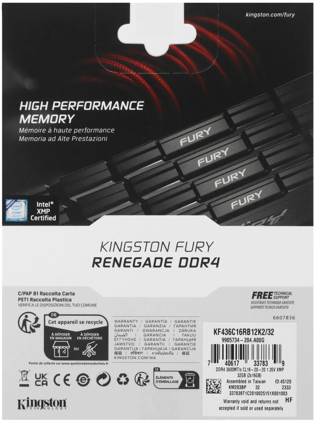 Модуль памяти Kingston 32GB DDR4 3600 FURY Renegade Black XMP Non-ECC Unbuffered DIMM (Kit 2*16gb) 2RX8 16-20-20 1.35V 288-pin 8Gbit