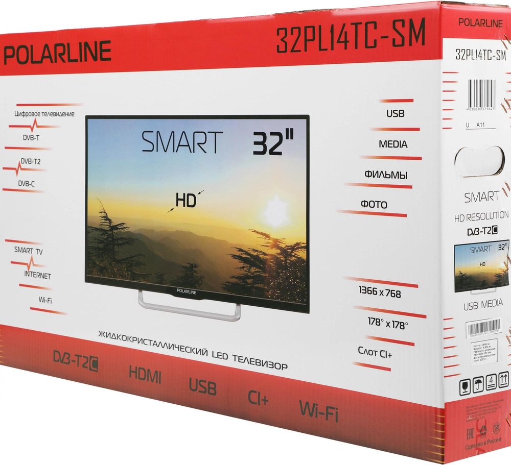 Телевизор LED PolarLine 32" 32PL14TC-SM черный HD 60Hz DVB-T DVB-T2 DVB-C USB WiFi Smart TV (RUS)
