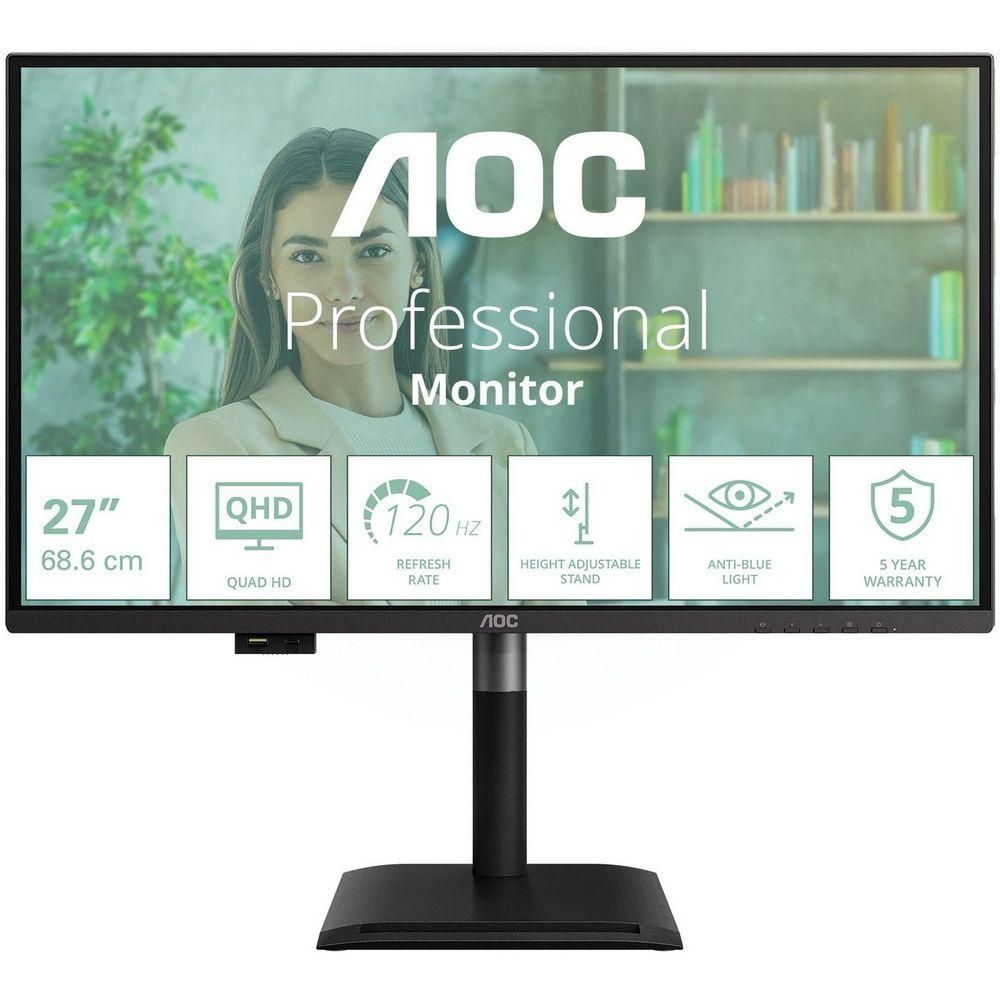 Монитор 27" AOC Q27P4U  IPS, 2560x1440, 120Hz, 4ms, 350сd/m, 1500:1 | 2xHDMI(2.0), DP(1.2), Type-C(PD-15W), 3xUSB 3.2 | HAS, Pivot, Swivel, InPSU, Speakers, Vesa 100, Black