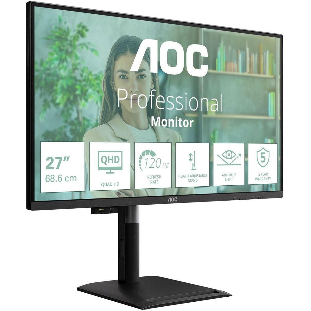 Монитор 27" AOC Q27P4U  IPS, 2560x1440, 120Hz, 4ms, 350сd/m, 1500:1 | 2xHDMI(2.0), DP(1.2), Type-C(PD-15W), 3xUSB 3.2 | HAS, Pivot, Swivel, InPSU, Speakers, Vesa 100, Black