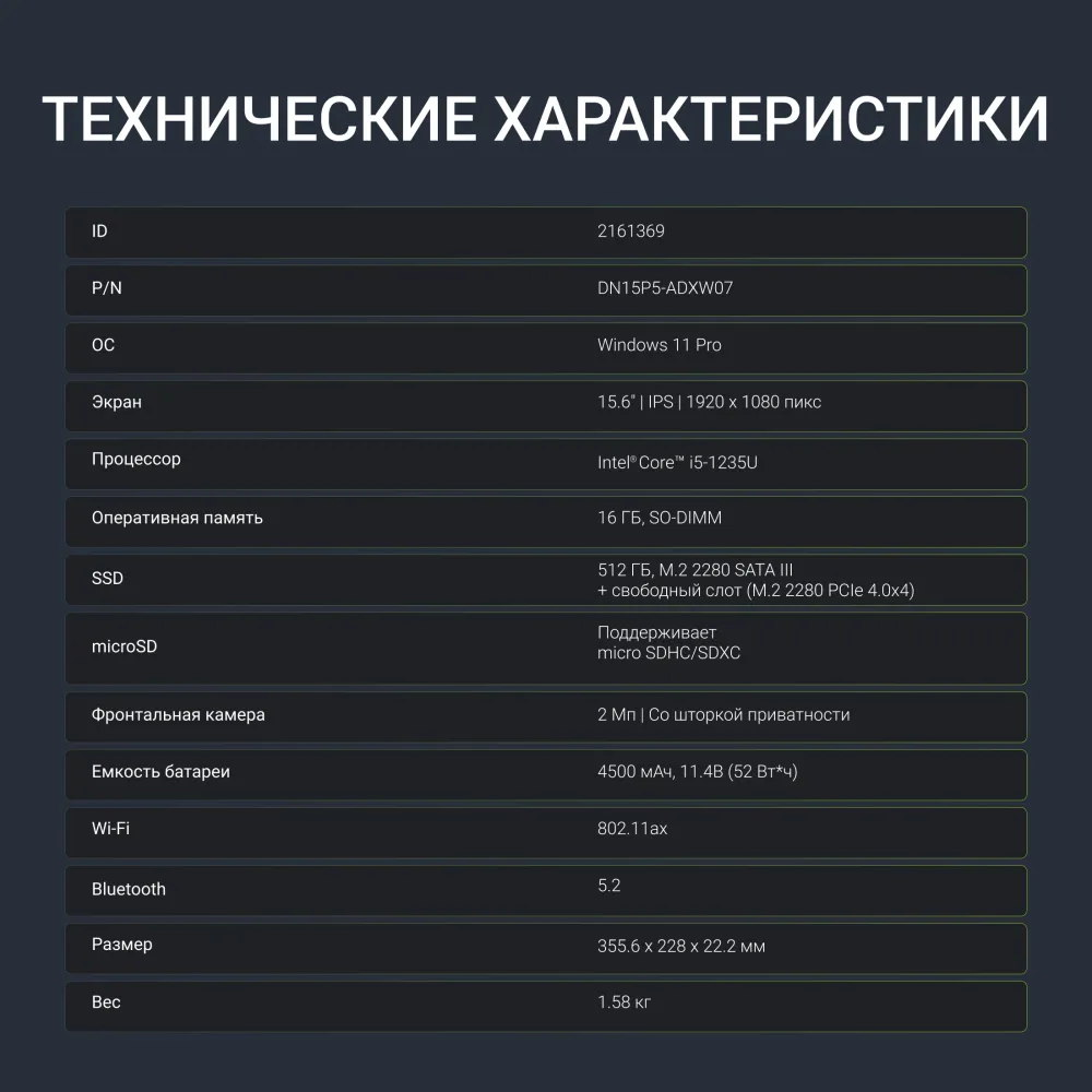 Ноутбук Digma Ascend Core i5 1235U 16Gb SSD512Gb Intel UHD Graphics 15.6" IPS FHD (1920x1080) Windows 11 Home grey WiFi BT Cam 4500mAh (DN15P5-ADXW07)