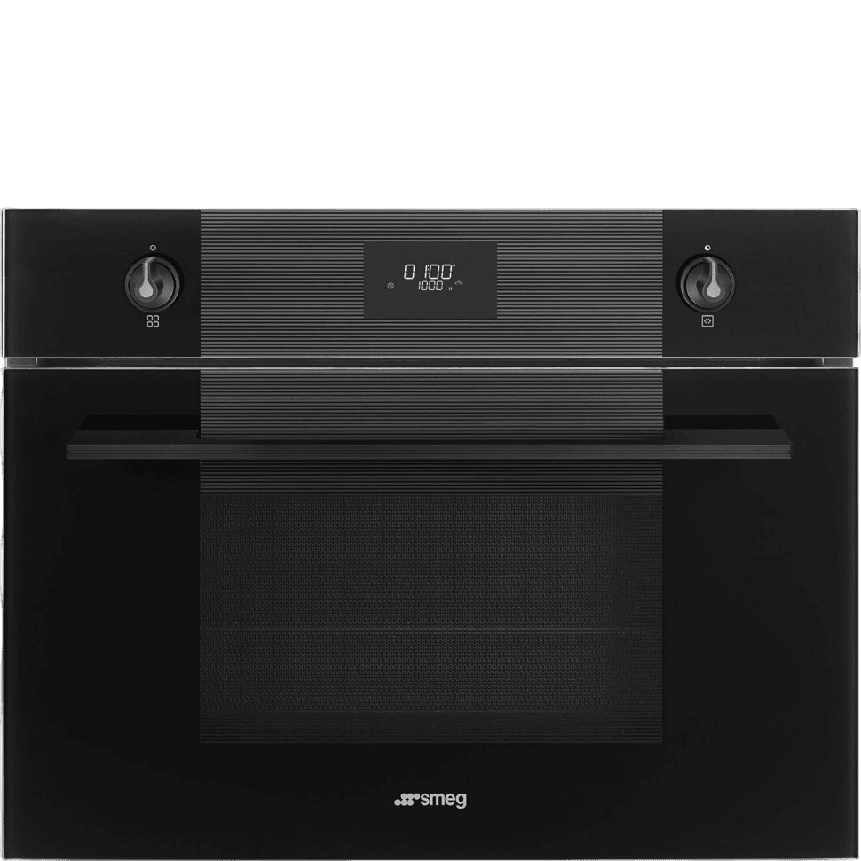 Компактный многофунциональный духовой шкаф Smeg/ Компактный многофунциональный духовой шкаф Smeg, LCD дисплей, 9 функций приготовления, поворотые переключатели, полезный объем 40 л, черное стекло Deep Black