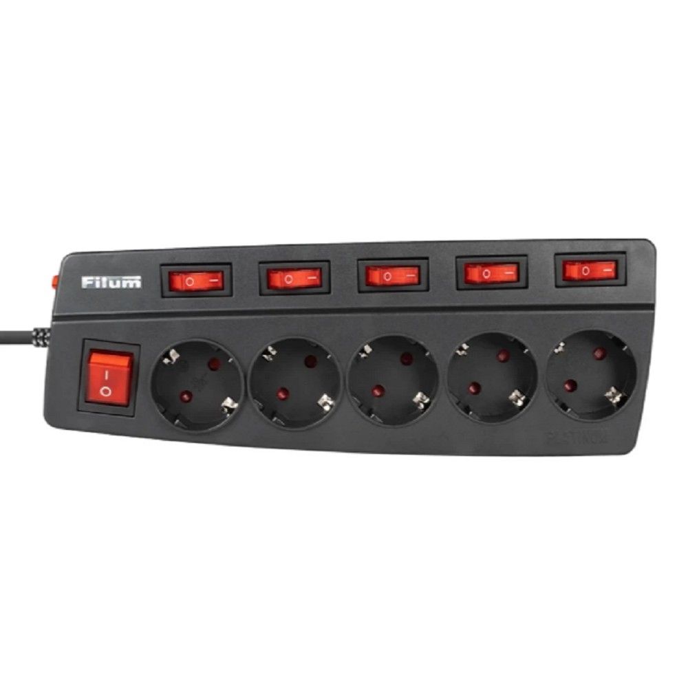 Filum Сетевой фильтр FL-SPL5-1.8M-BL, 2500 Вт., 5 розеток, защитные шторки, инд. выключатели, шнур 1.8 м., черный {00-01095523}