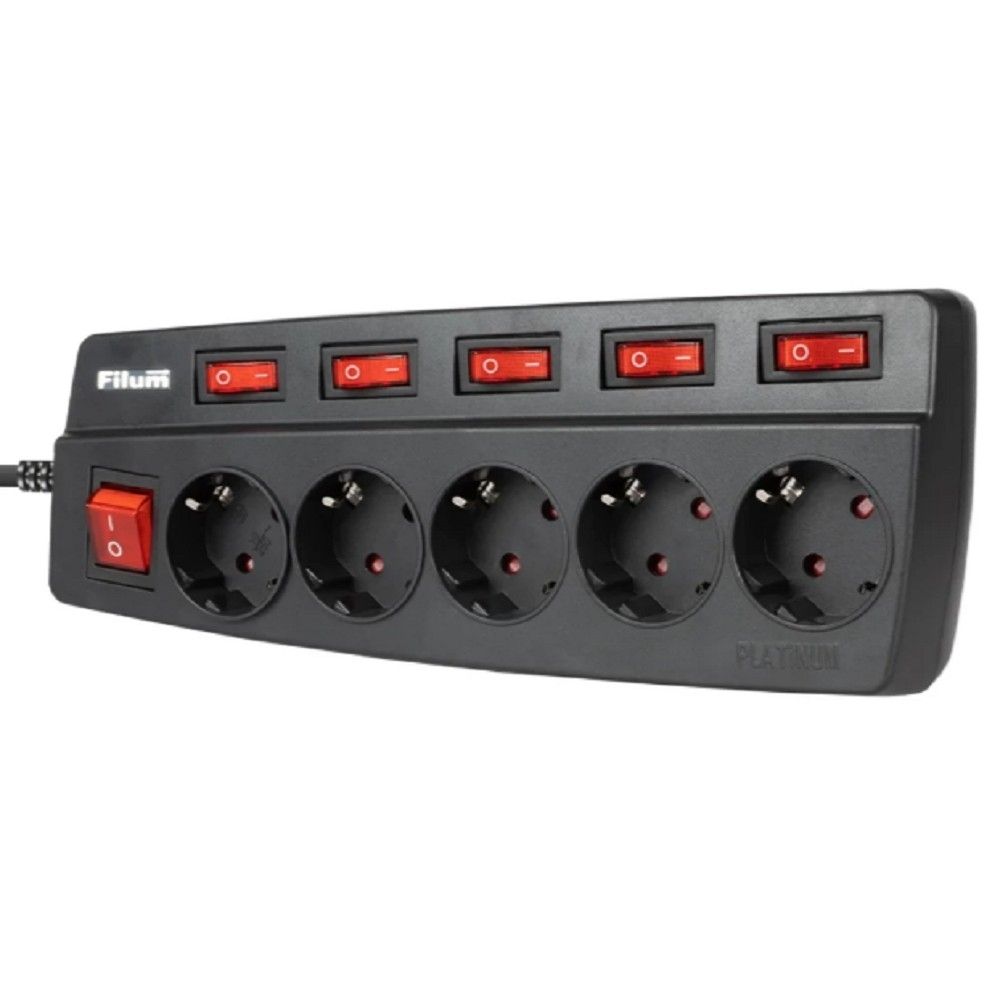 Filum Сетевой фильтр FL-SPL5-1.8M-BL, 2500 Вт., 5 розеток, защитные шторки, инд. выключатели, шнур 1.8 м., черный {00-01095523}