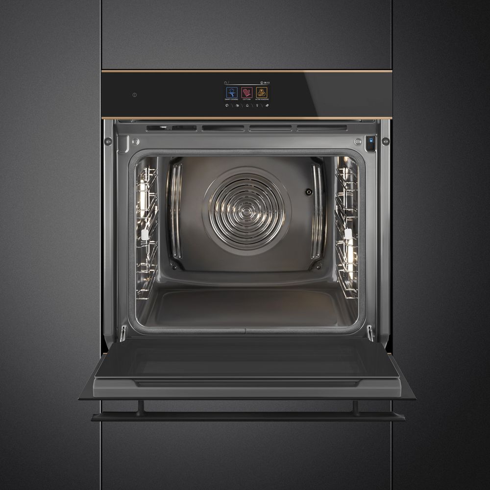 Встраиваемый духовой шкаф SMEG/ Многофункциональный духовой шкаф с паром и пиролитической очисткой, 60 см, 19 функций, чёрное стекло Eclipse, медный профиль, Dolce Stil Novo