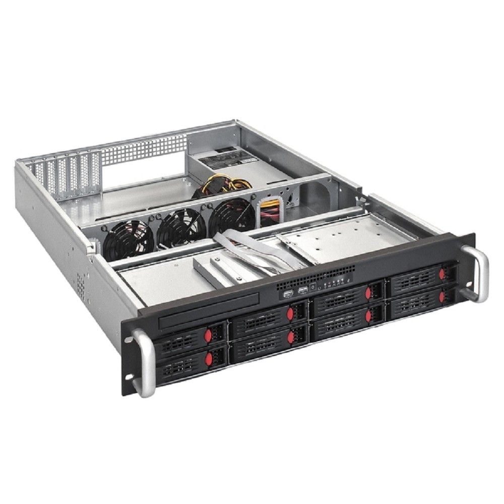 Exegate EX281290RUS Серверный корпус ExeGate Pro 2U550-HS08 <RM 19", высота 2U, глубина 550, БП 1U-600ADS, 8xHotSwap, USB>