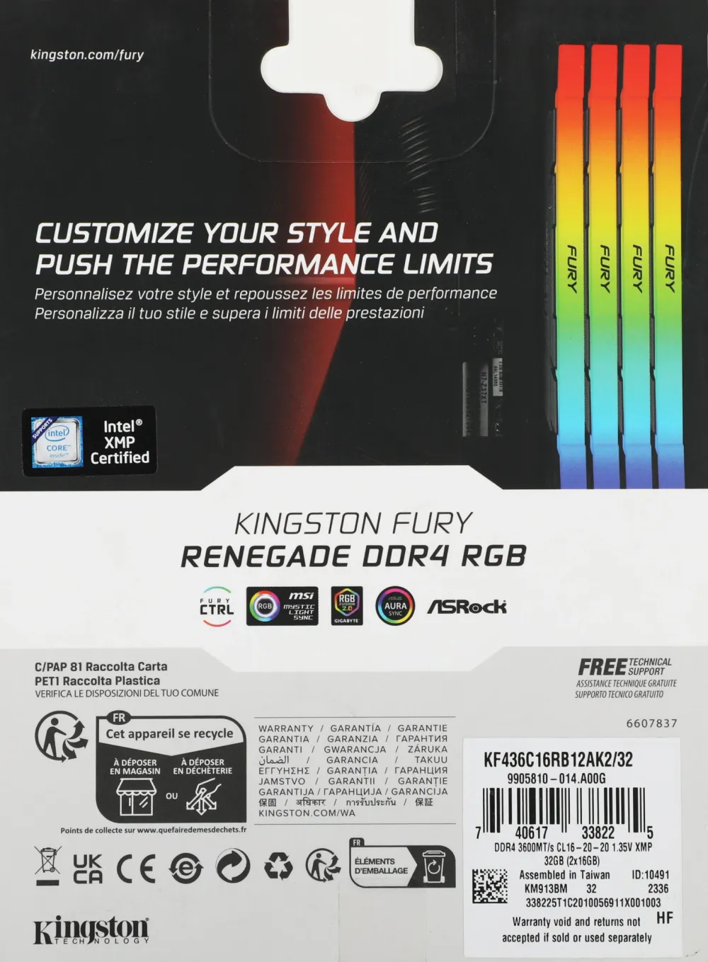 Модуль памяти Kingston 32GB DDR4 3600 FURY Renegade RGB Black XMP Non-ECC Unbuffered DIMM (Kit 2*16gb) 2RX8 16-20-20 1.35V 288-pin 8Gbit