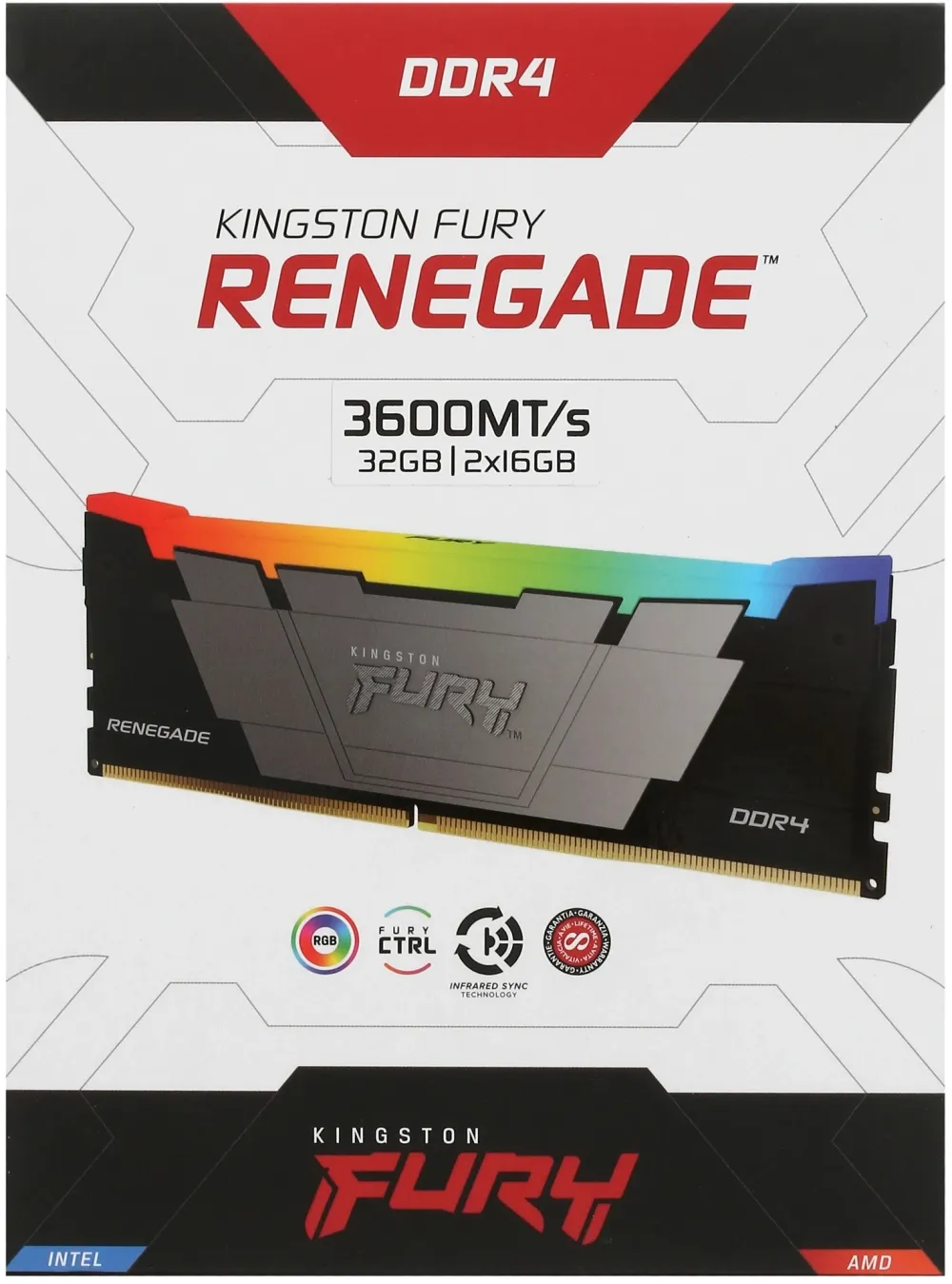 Модуль памяти Kingston 32GB DDR4 3600 FURY Renegade RGB Black XMP Non-ECC Unbuffered DIMM (Kit 2*16gb) 2RX8 16-20-20 1.35V 288-pin 8Gbit