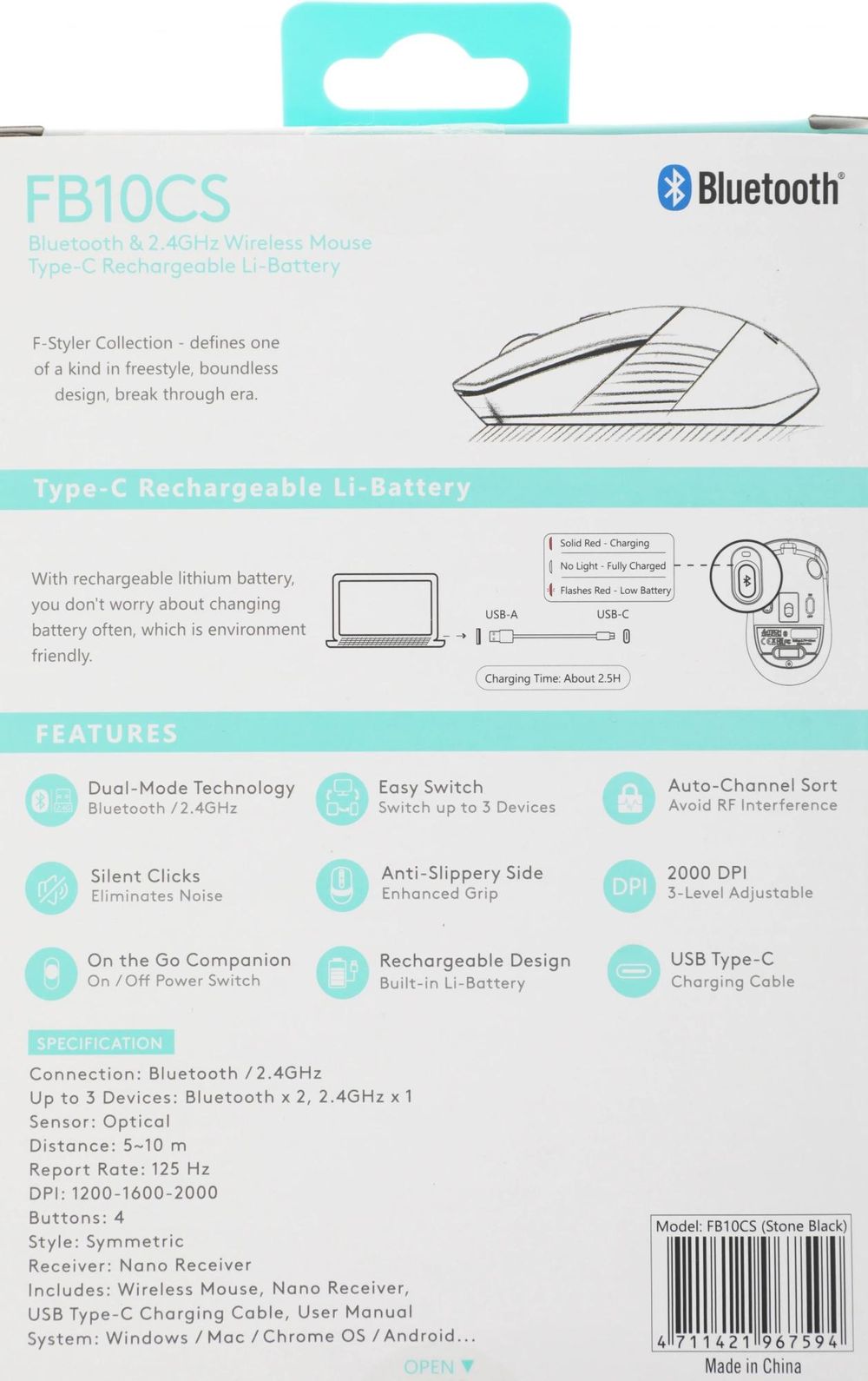 Мышь A4Tech Fstyler FB10CS черный оптическая 2000dpi silent беспров. BT/Radio USB 4but (FB10CS USB STONE BLACK)