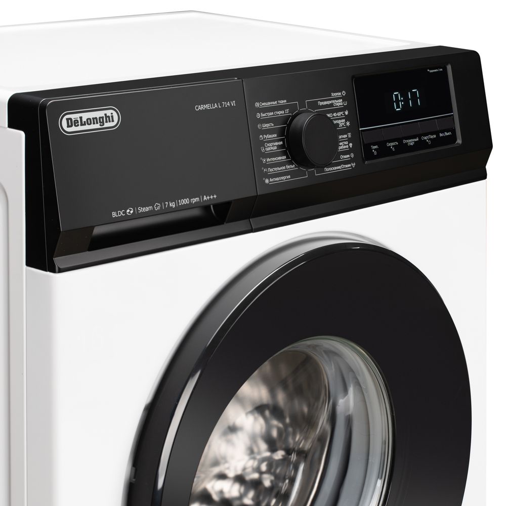 Стиральная машина Delonghi/ Стиральная машина Delonghi, глубина 47 см, 1000 об/мин, загрузка 7 кг, 16 программ, инверторный BLDC мотор, LED дисплей, электронное управление, отсрочка запуска, пар, дозагрузка белья, очистка барабана, энергоэффективность А++