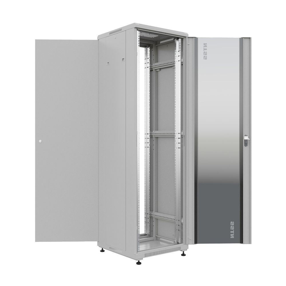 NTSS Шкаф напольный универсальный серверный NTSS R 42U 600х600мм, 4 профиля 19, двери стекло и сплошная металл, боковые стенки съемные, регулируемые опоры, разобранный, серый RAL 7035 NTSS-R42U6060GS-