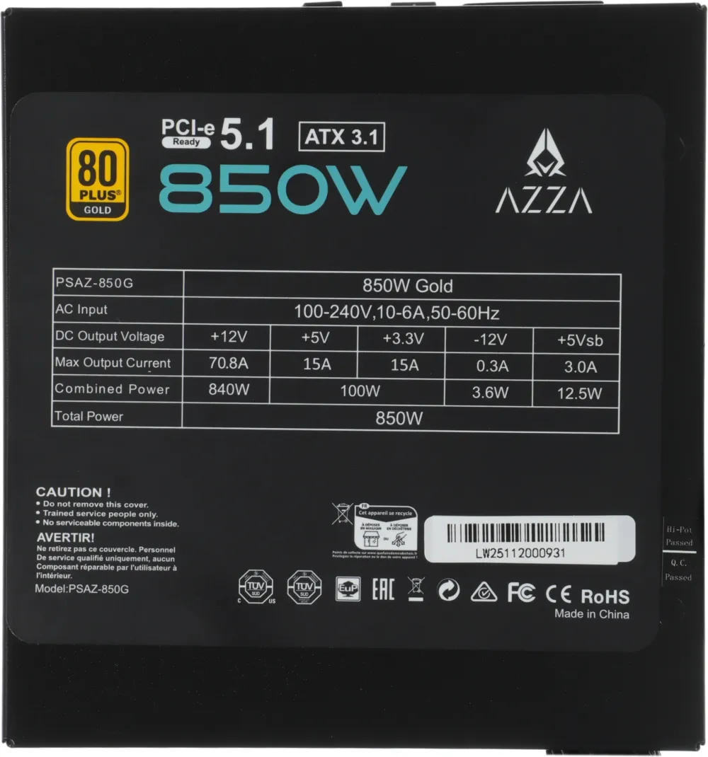 Блок питания Azza ATX 850W PSAZ-850G Gen.5 80+ gold (20+4pin) APFC 120mm fan 6xSATA Cab Manag RTL