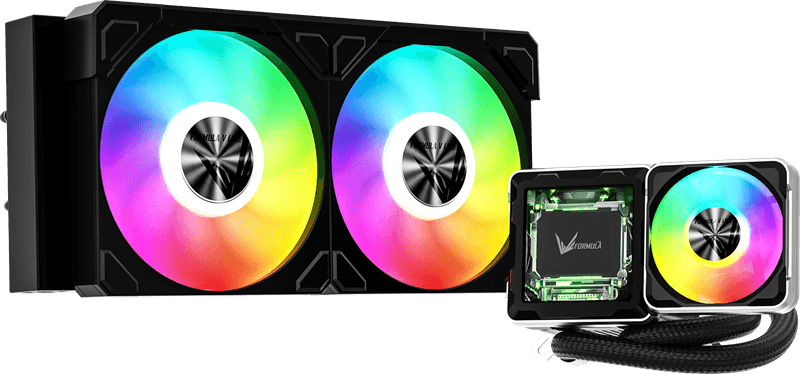 Система водяного охлаждения Formula V Line Cryo Wing Digi 240 BK, 240mm, LCD 2.73", 2x120mm, ARGB fans, LGA115X/1200/1700/1851/1366/2011/2066, AM3/AM4/AM5/Ryzen3/Ryzen5/Ryzen7/Threadripper/RT4