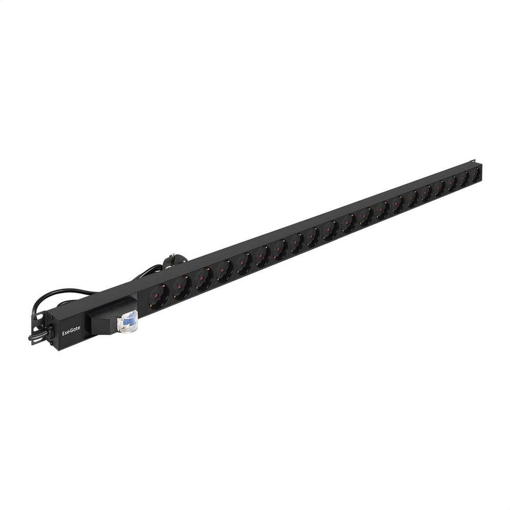 Exegate EX296173RUS Блок розеток вертикальный ExeGate ServerPro PDU-V201 Al-20S-EU3-1P (19", 1U, Алюминий,20 Schuko, кабель с евровилкой VDE-250V-16A-3*2.5mm2, 3 метра, автомат защиты, черный, RTL)